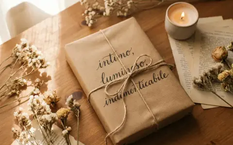 Un libro incartato con cura, con la scritta "intimo, luminoso, indimenticabile", circondato da fiori secchi e una candela accesa. Perfetto per storie da leggere.