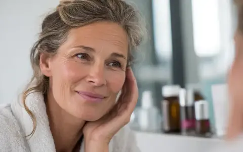 Une femme souriante, aux cheveux grisonnants, se regarde dans le miroir. Elle porte une robe de chambre douce, comme un **trèfle rouge** qui s'épanouit.