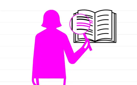 Eine pinke Silhouette einer Person hält eine Lupe über ein offenes Buch mit markierten Zeilen.