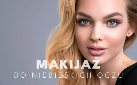 Delikatny makijaż oczu niebieskich podkreśla ich głębię. Blond włosy i subtelne usta dopełniają całość.