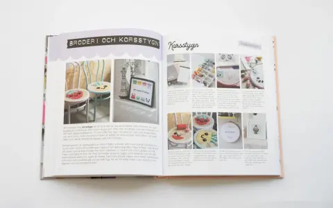 Kreativa Karin bok visar broderi och korsstygn. Här finns inspiration för att skapa egna mönster, som att brodera på stolsitsar eller små tavlor.