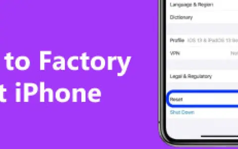 Ekran iPhone z zaznaczoną opcją "Reset" na fioletowym tle z tekstem.