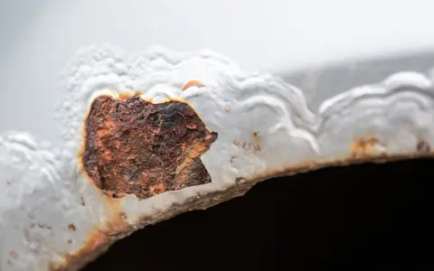 Rdza na metalowej powierzchni, która niszczy strukturę. Czy rdza jest szkodliwa? Tak, dla przedmiotu, który niszczy.