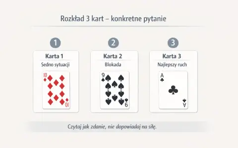 Rozkład 3 kart klasycznych: sedno sytuacji (10 karo), blokada (9 pik) i najlepszy ruch (As trefl). Twoje przeznaczenie z kart klasycznych.