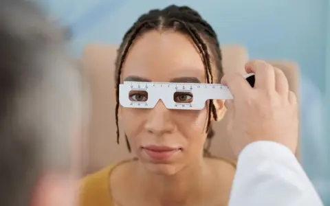 Badanie wzroku u optometrysty. Pacjentka ma na nosie przyrząd do pomiaru rozstawu źrenic. Czas oczekiwania na okulary zależy od wielu czynników.
