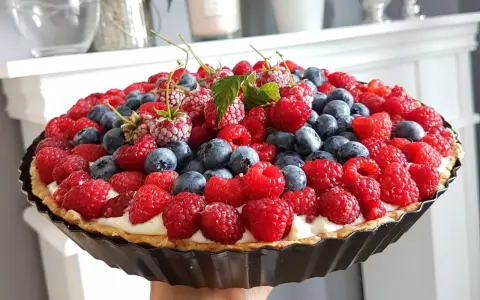 Prosta tarta z budyniem, obficie udekorowana malinami i borówkami, wygląda apetycznie.