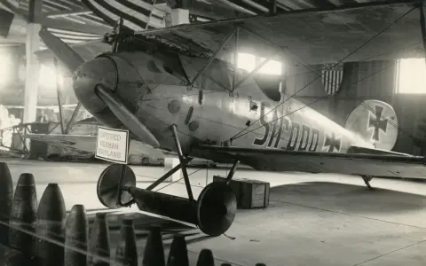 Gefangenes Albatros Flugzeug mit deutscher Kennung in einer Halle, hinter ihm US-Flaggen.