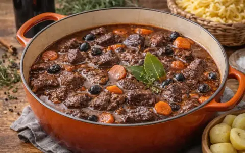 Un plat mijoté de daube de boeuf, avec des carottes, des olives et des herbes, prêt à être dégusté.