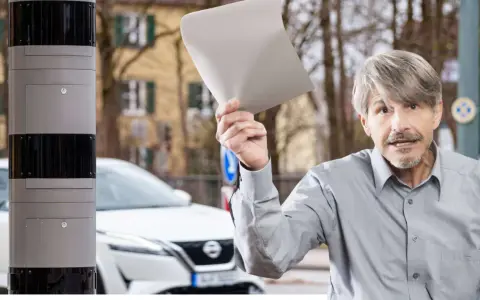 Mann hält Papier hoch, wütend auf Blitzer Arten. Neben ihm ein Messgerät.