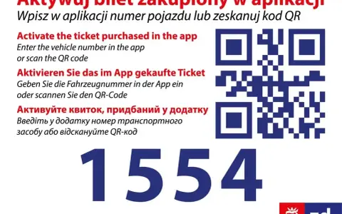 Instrukcja jak kupić bilet online: wpisz numer pojazdu lub zeskanuj kod QR. Widoczny numer 1554.