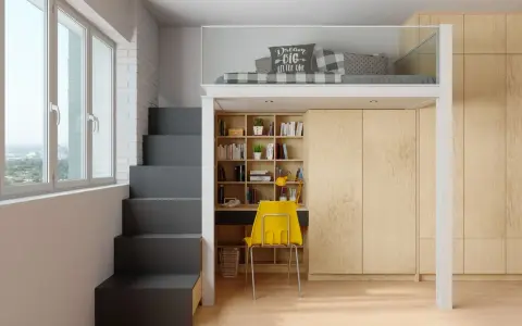 Soluzione geniale per arredare piccoli spazi: letto soppalcato, scrivania e libreria integrate, con scale contenitive.