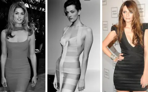 Three women showcase the iconic bandage dress, a symbol of body-hugging glamour and timeless style.