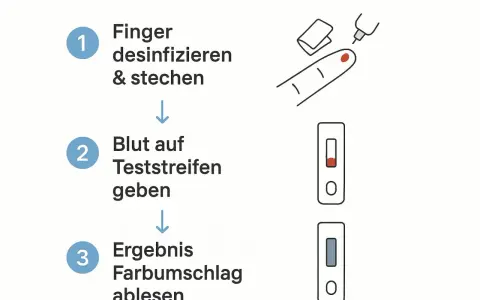 Anleitung zur Blutentnahme für einen Test, z.B. Eisenwert im Blut. Finger desinfizieren, Blut auf Teststreifen geben, Ergebnis ablesen.