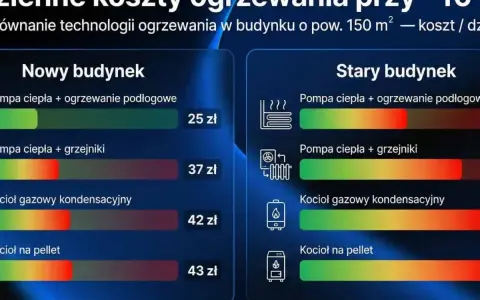 Porównanie dziennych kosztów ogrzewania przy -10°C dla budynku 150 m². Kocioł gazowy kondensacyjny w starym budynku to 42 zł, a w nowym 42 zł.