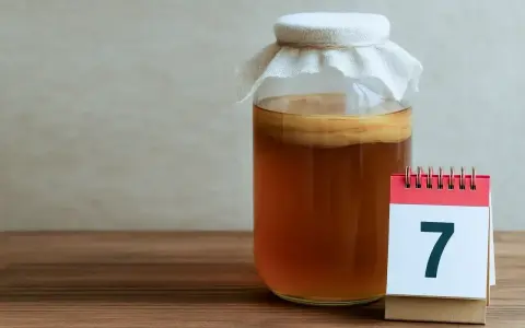 Słoik z kombuchą i kalendarz z cyfrą 7. Poznaj niezwykłe kombucha właściwości i zacznij swoją przygodę z fermentacją.