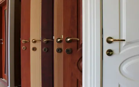 Variedad de tipos de puertas de madera y blancas, con diferentes acabados y manijas doradas.
