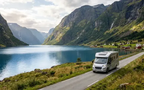 Husbil längs en fjord med dramatiska berg och vattenfall. En perfekt resa för att åka till Lofoten.