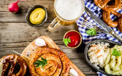 Salchicha en espiral, puré de patatas, chucrut, pretzels y cerveza. ¡Una excelente idea de qué comer en Múnich!