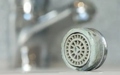 Zwapniony aerator kranu, który pokazuje, jak wyjąć sitko z kranu.