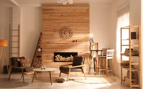 Salón acogedor con chimenea de madera, muebles de estilo rústico y luz cálida entrando por la ventana.