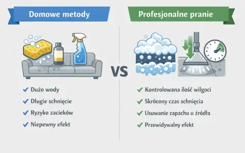 Porównanie domowych metod prania krzeseł z profesjonalnym czyszczeniem. Domowe metody to dużo wody i długie schnięcie.