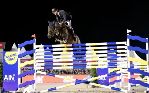 Cavalier et cheval en plein saut lors de l'épreuve des 6 barres. Le cheval est au sommet de son effort, les pattes repliées, franchissant l'obstacle.