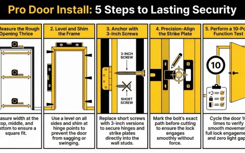 Learn how to hang a door with these 5 steps: measure, level, anchor, align strike plate, and test.