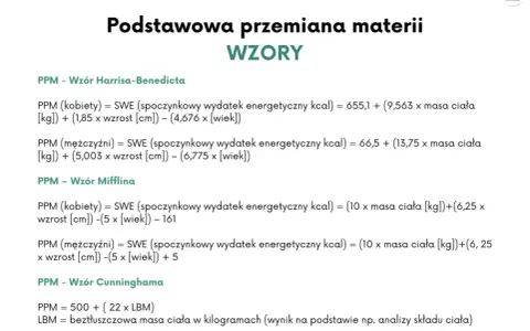 Podstawowa przemiana materii (PPM) - wzory Harrisa-Benedicta, Mifflina i Cunninghama do obliczania zapotrzebowania kalorycznego.