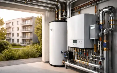 Moderne Gas-Etagenheizung mit großem Warmwasserspeicher, bereit für effiziente Wärmeversorgung eines Mehrfamilienhauses.