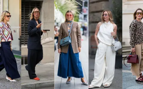 Pięć kobiet prezentuje modne spodnie slouchy stylizacje: od eleganckich garniturów po luźne, szerokie nogawki.
