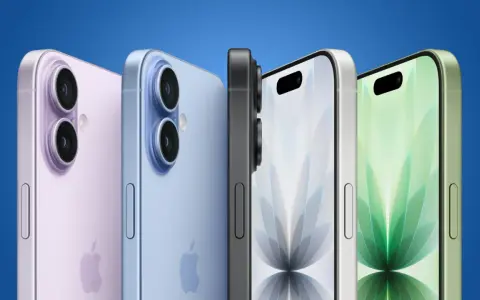 Fyra iPhones i olika färger, inklusive en lila och en ljusblå modell med dubbla kameror, samt en grå och en grön modell med Dynamic Island. Kanske en framtida iPhone SE4?