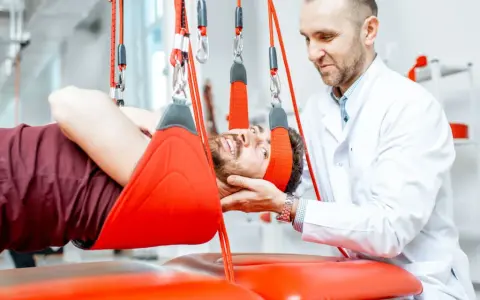 Fizjoterapeuta pomaga pacjentowi w terapii wiszącej, która może być jednym z zabiegów rehabilitacyjnych na kręgosłup lędźwiowy.