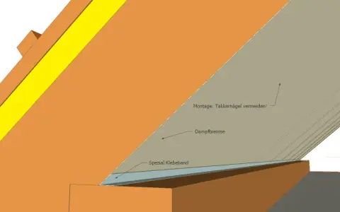 Detailansicht einer Dampfbremse am Dachboden, die mit Spezial Klebeband befestigt wird. Montagehinweis: Tackerklammern vermeiden!