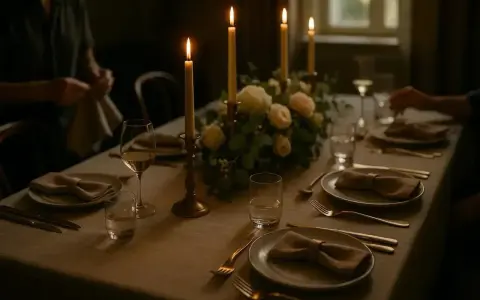 Un dîner aux chandelles, un bouquet floral et des couverts dorés évoquent l'art de la table à la française.