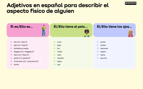 Adjetivos positivos para describir el aspecto físico: alto, delgado, fuerte, pelo largo, ojos azules.