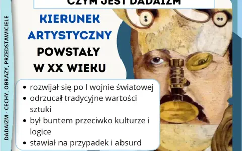 Dadaizm co to? Kierunek artystyczny XX wieku, bunt przeciw logice, stawiał na przypadek i absurd. Obraz przedstawia surrealistyczną twarz z guzikami i lunetą.