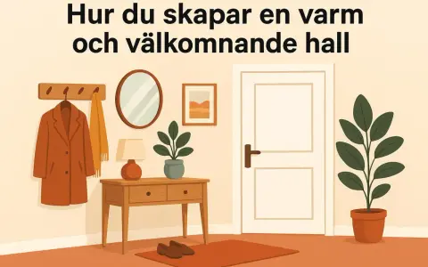 En mysig hall med en rock på kroken, en spegel, en lampa och en växt. En dörr och en matta fulländar bilden.