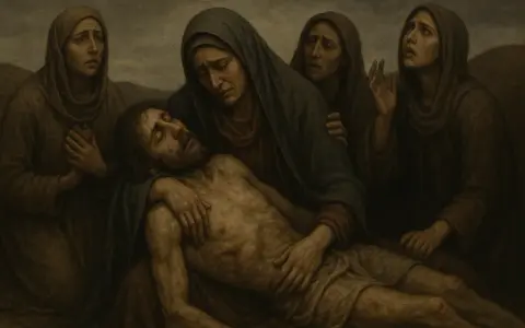 Smutek i rozpacz kobiet nad ciałem Chrystusa. Wzrok skierowany ku górze, jakby szukając pocieszenia w tym trudnym momencie. Lament świętokrzyski.