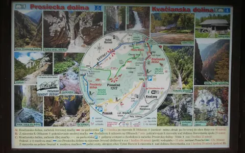 Mapa Kvačianskej doliny s vyznačenými trasami, vodopádmi a mlynmi. Zobrazuje národnú prírodnú rezerváciu.