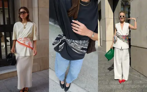 Tres mujeres lucen un foulard Bassetti atado a la cintura, aportando un toque de color y estilo a sus atuendos.