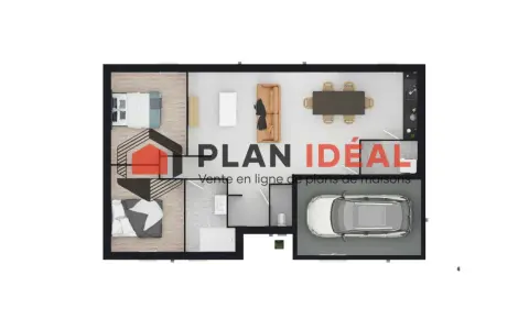 Plan maison plain-pied 2 chambres avec garage et cellier. Idéal pour une famille, ce plan offre un espace de vie lumineux et fonctionnel.