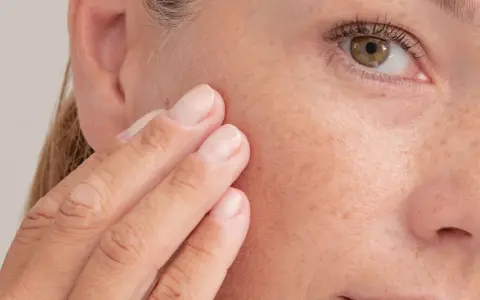 Dita sfiorano il viso, mostrando la texture della pelle e le lentiggini. Forse è il momento di applicare la pomata retinoica per un trattamento mirato.