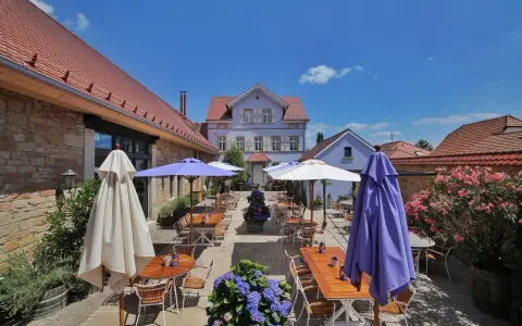 Terrasse eines Weinguts mit Tischen, Stühlen, Sonnenschirmen und Blumen unter blauem Himmel.