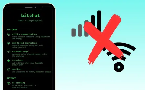 Bitchat App: Offline-Kommunikation mit Bluetooth ohne Internet. Rotes Kreuz über WLAN-Symbol.