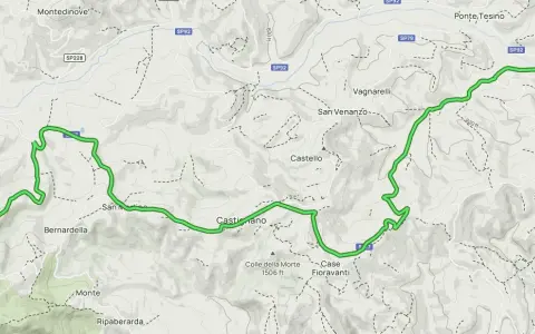 Mappa del cammino dei cappuccini, con sentiero verde che attraversa colline e borghi come Rola, Castiglione e Borgo Cappuccini.