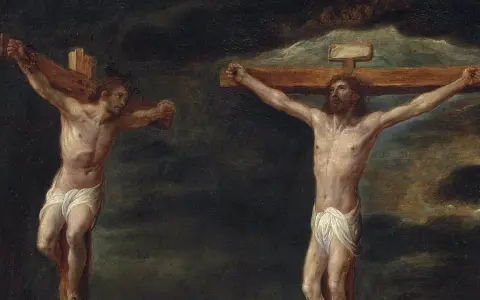 Jesus on the cross, with a repentant thief beside him, calls for change.