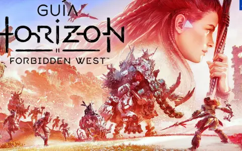 Aloy se enfrenta a un mamut mecánico en el arte de la guía de Horizon Forbidden West. ¡Conquista todas las máquinas para conseguir los trofeos!