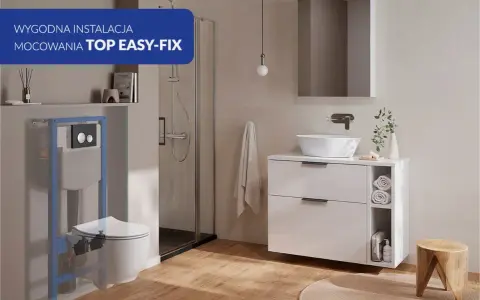 Montaż miski WC z ukrytym mocowaniem TOP EASY-FIX. Nowoczesna łazienka z prysznicem i umywalką.