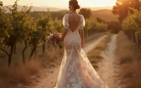 Mariée dans une robe de dentelle, bouquet à la main, marchant dans un vignoble au coucher du soleil. La longueur des brides de la robe souligne sa silhouette.