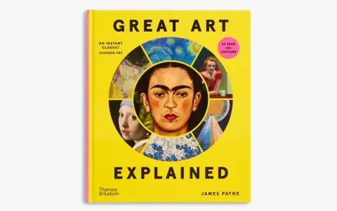 Book cover "Great Art Explained" featuring Frida Kahlo's portrait and other artworks, a vibrant piece of textual art.